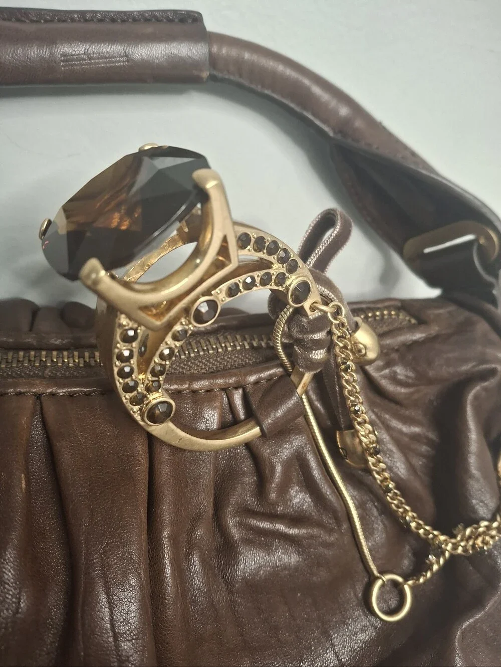 Juicy Couture Vintage Fieno Brown Leather Shoulder Bag NWT Y2K Statement Ring - Picture 2 of 8